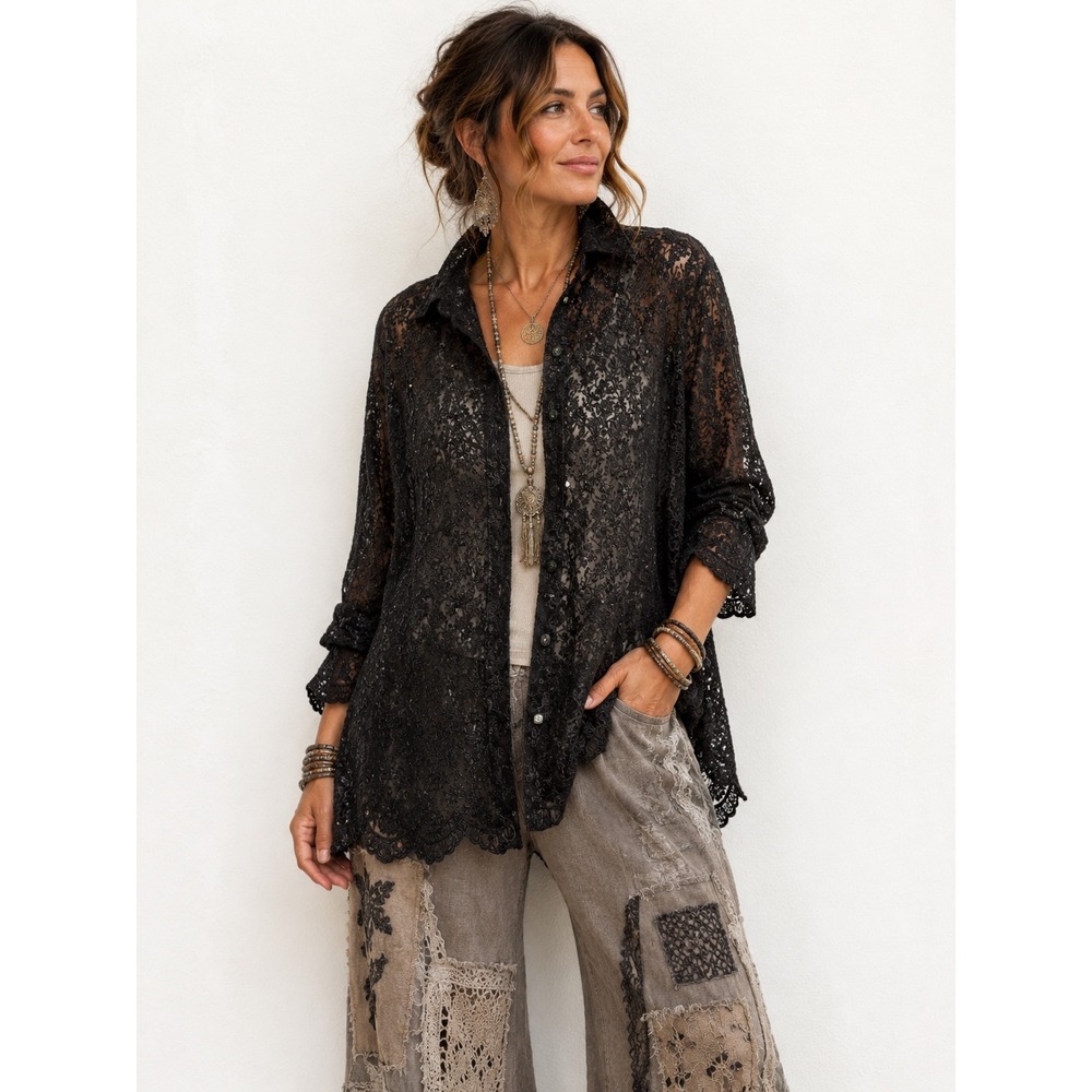 Vtg Faith Lace Button Down Shirt XL Black Sheer Sequin Beaded Art to Wear Boho